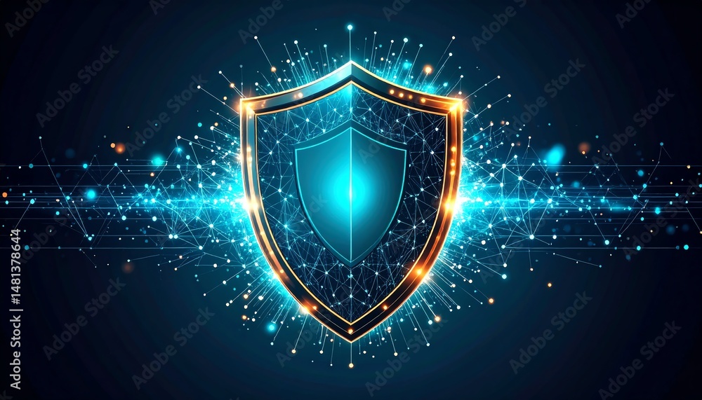 Poster a digital shield icon with glowing effects, symbolizing cybersecurity and protection, set against a 
