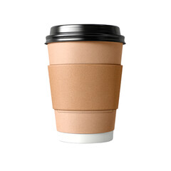 Disposable Coffee Cup Mockup with Black Lid and Kraft Sleeve isolated on transparent background