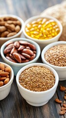 Assorted healthy nuts and seeds in small bowls