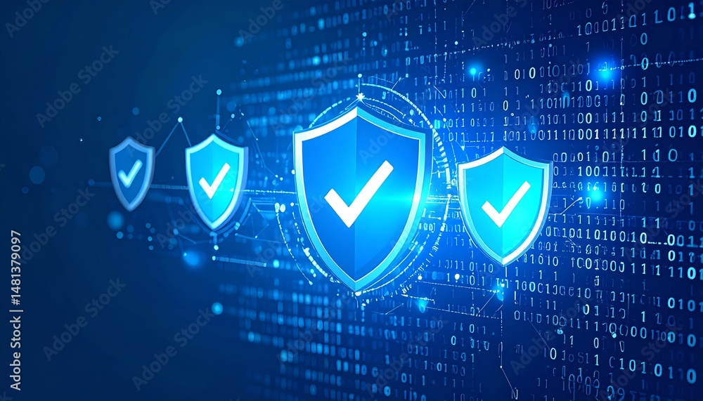 Poster digital shields symbolize cybersecurity, featuring glowing elements and binary code, representing da