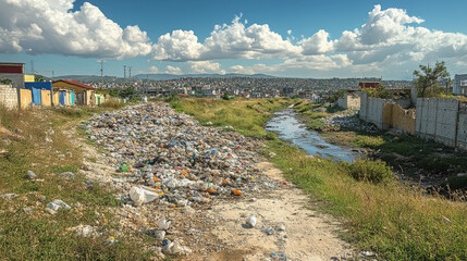 Fototapeta premium Unregulated landfill located near a cityâ€™s sewer system contributes to uncontrolled pollution