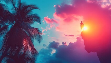 Silhouette figure on clifftop at vibrant sunset