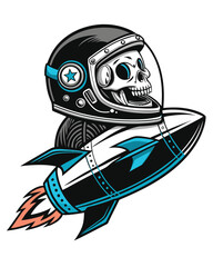 A detailed illustration of a skull in a retro space helmet astride a vintage rocket, blasting off into space; vibrant, detailed, sci-fi art.