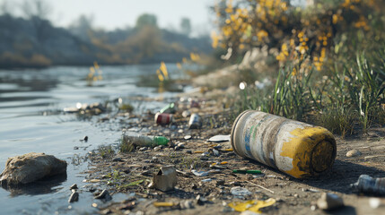 Various types of trash scattered along a riverbank demonstrate environmental neglect