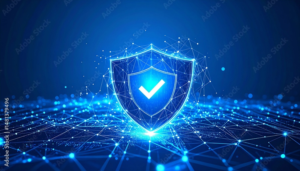 Poster a digital shield with a checkmark symbolizes cybersecurity and protection, surrounded by a network o
