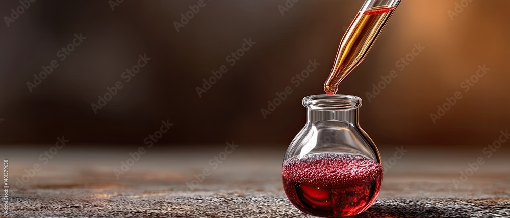Poster a small glass vial is filled with red liquid using a dropper, set on a textured surface with a blurr