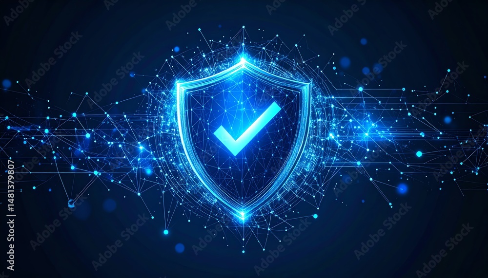Poster a blue digital shield with a check mark, surrounded by a network of glowing nodes and lines, symboli
