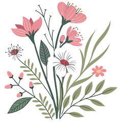 Hand Drawn Wildflower Meadow with Ladybug – Botanical Spring Nature Illustration in Vintage Doodle Style