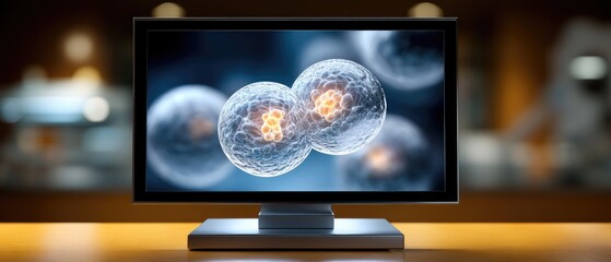 A digital screen displays a close-up image of biological cells during the process of division, set in a modern, blurred background.