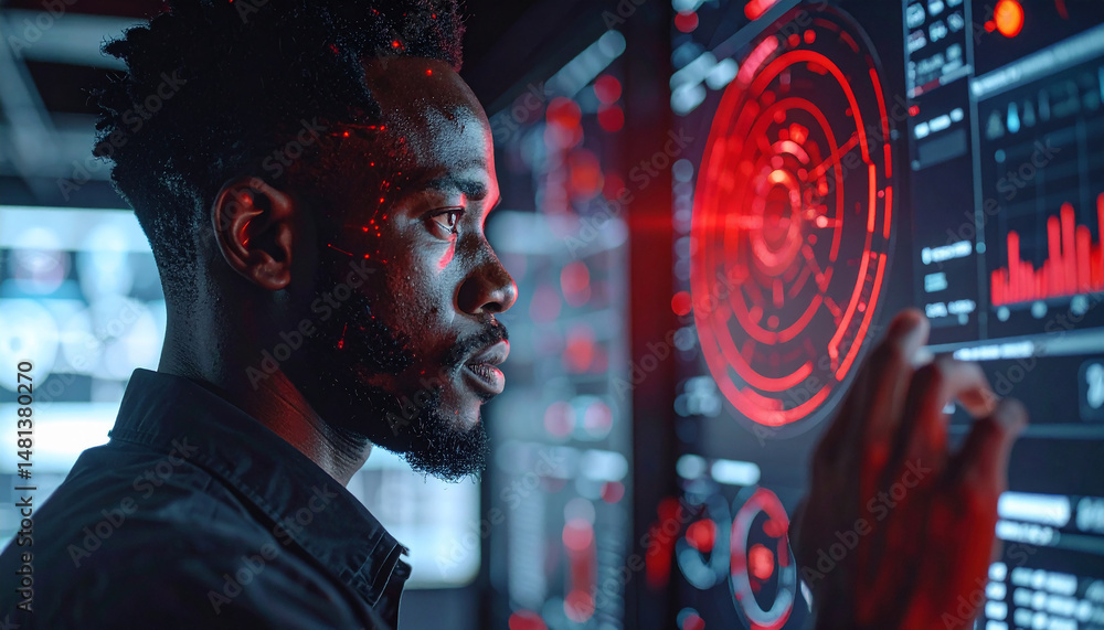Aufkleber tech specialist at work: a focused individual navigates a complex digital interface, highlighting a 