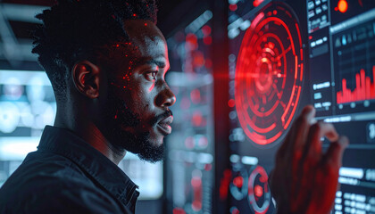 Tech Specialist at Work: A focused individual navigates a complex digital interface, highlighting a high-tech environment of information and data analysis.