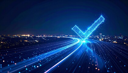 A glowing blue checkmark shines above a city skyline, symbolizing approval and success, with light trails suggesting movement and innovation