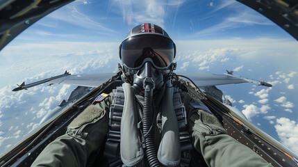Fototapeta premium Fighter Jet Pilot in Cockpit Flying Above the Clouds