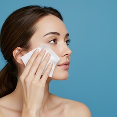 Woman using a cotton pad on her face for skincare routine against a blue background