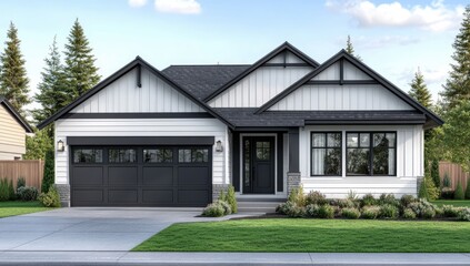 Modern farmhouse exterior.  Clean lines,  black and white