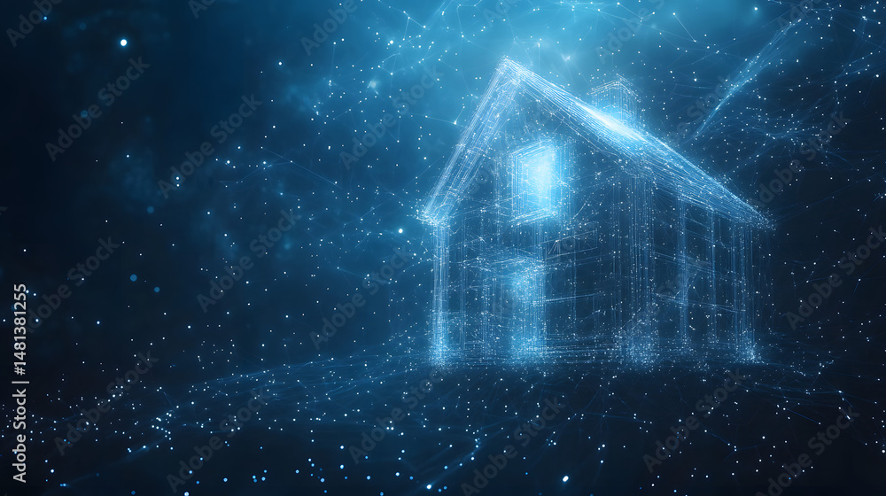 Poster futuristic smart home concept. digital house built with glowing blue lines and dots, a wireframe des