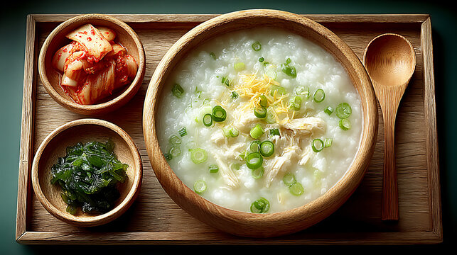bright and clear flat lay top-view food photograph of a korean porridge meal set with a bowl of juk and small side dishes like pickled vegetables and seasoned seaweed on
