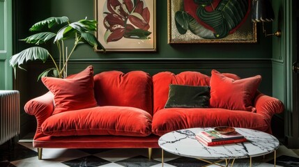 Red velvet sofa, green walls, art