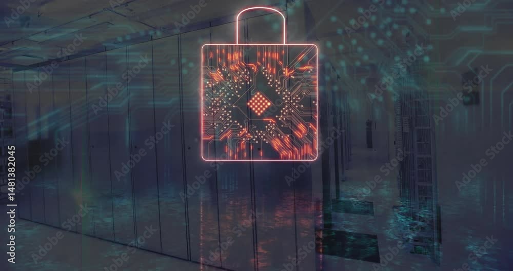 Aufkleber neon padlock icon hovering between server racks in data center corridor casting circuit reflections