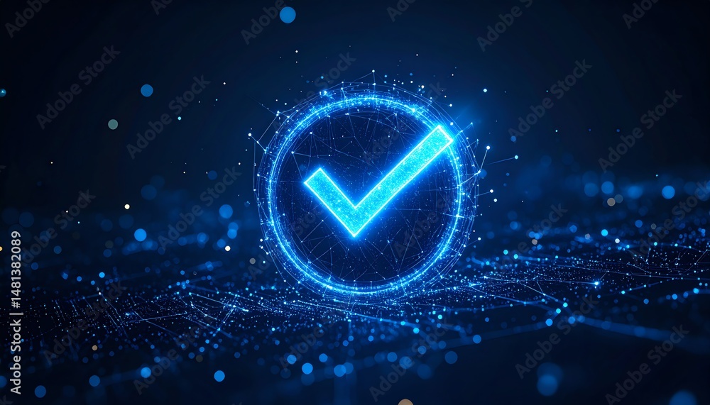 Poster a glowing blue checkmark within a circular digital interface, representing approval or verification 