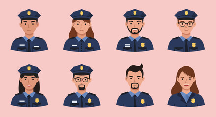 Diverse Police Officers in Uniforms Representing Different Genders and Ethnicities
