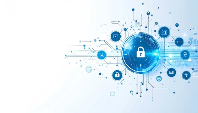 A digital illustration depicting a secure lock icon surrounded by technology-themed elements, representing cybersecurity and data protection
