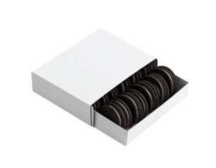 A white box filled with chocolate sandwich cookies