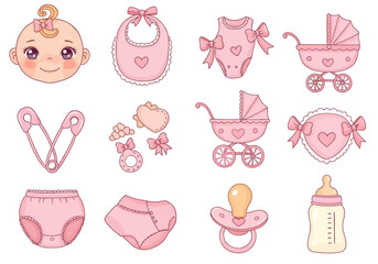 Pink Baby Items Bib Diapers Pins Rattle and HeartShaped Toy