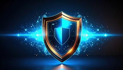 A futuristic shield design with glowing blue and gold elements, symbolizing security and protection in a digital world
