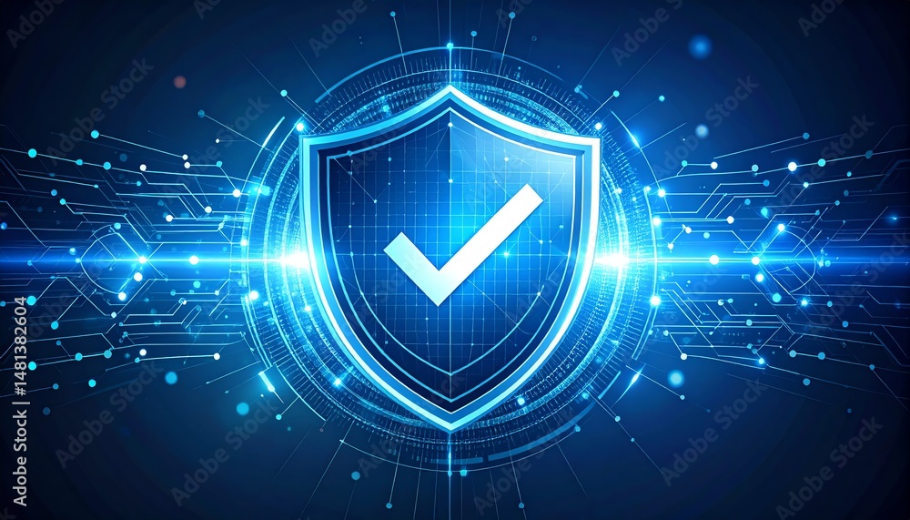Poster a digital shield graphic symbolizing cybersecurity with interconnected nodes and a checkmark, repres