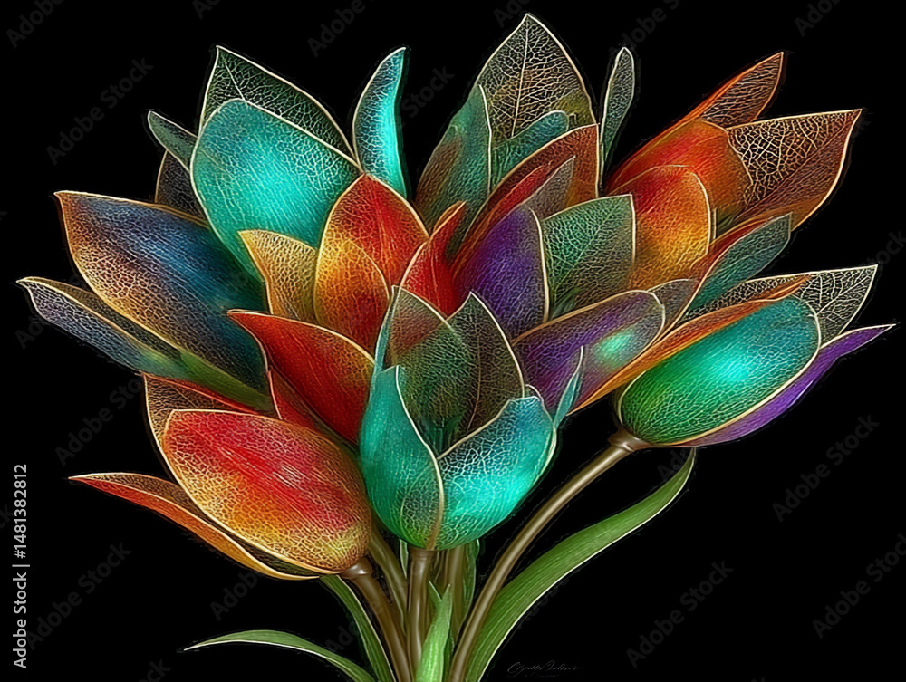 Aufkleber vibrant and multi-layered 3d rendering illustration of an abstract bouquet of flowers in various sha