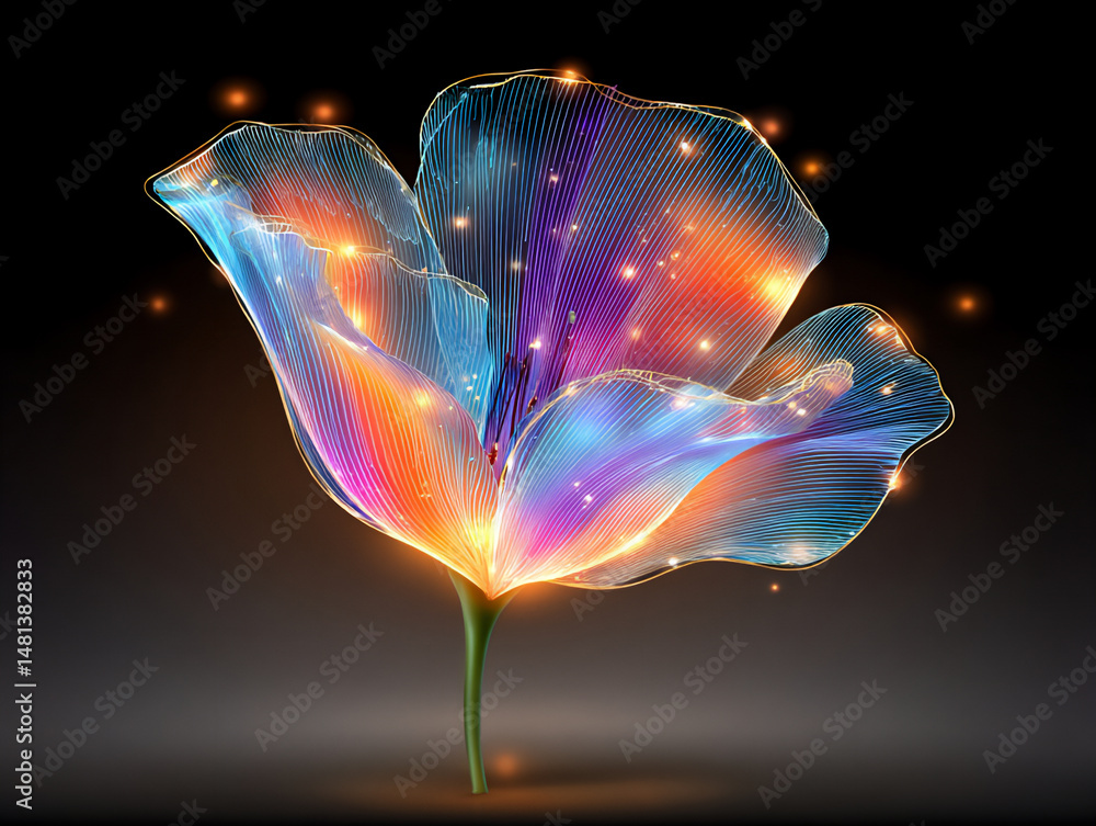 Poster vibrant and multi-layered 3d rendering illustration of a single, large abstract bloom with intricate