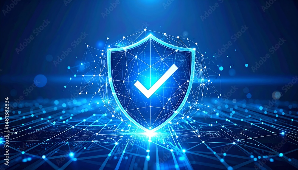 Aufkleber a glowing shield with a checkmark symbolizes digital security and protection in a futuristic network