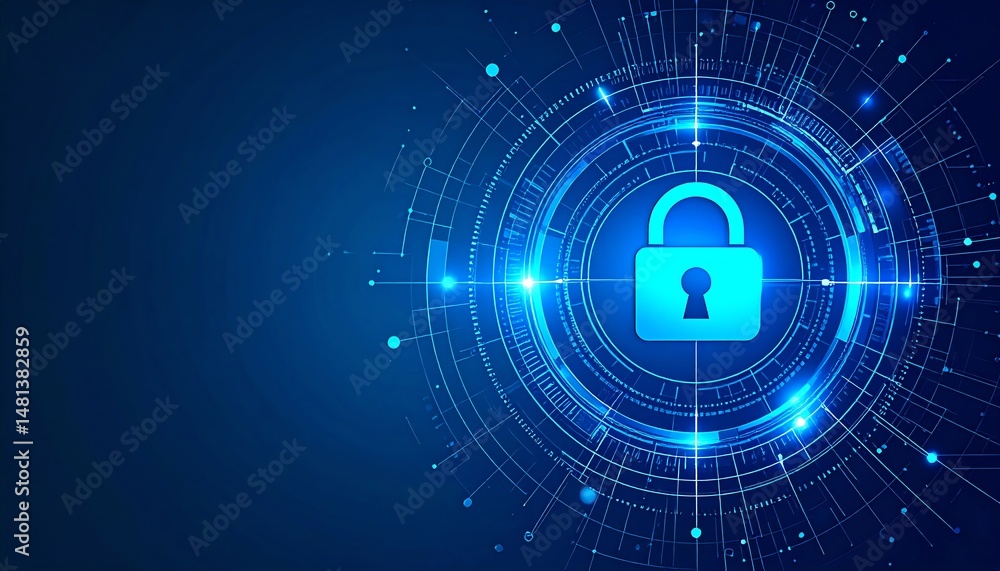 Poster a digital lock symbol surrounded by glowing lines and circles, representing cybersecurity and data p