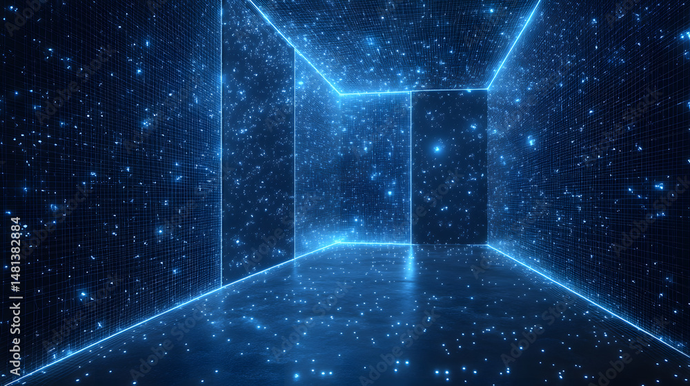 Poster step into a digital realm! this glowing grid room offers a futuristic vibe, ideal for tech, innovati