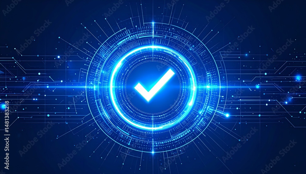 Poster a glowing blue circle with a check mark in the center, surrounded by digital patterns and lines, sug