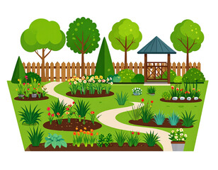 A charming garden scene with winding paths, vibrant flowers, lush greenery, and a peaceful gazebo