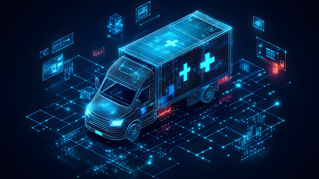 Futuristic ambulance wireframe in simulated environment. Holographic displays show medical data, representing cutting-edge tech for emergency response. Abstract wireframe in dark blue