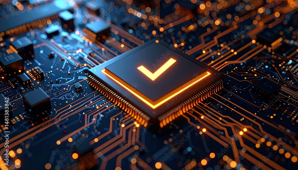 Poster a close-up view of a computer circuit board featuring a glowing checkmark symbol, highlighting techn