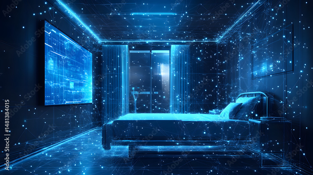 Poster futuristic bedroom showcasing a digital network aesthetic. bed, tv, and nightstand are outlined in g