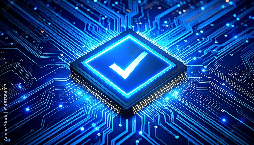 Poster a glowing microchip with a checkmark symbol, set against a blue circuit board background, representi