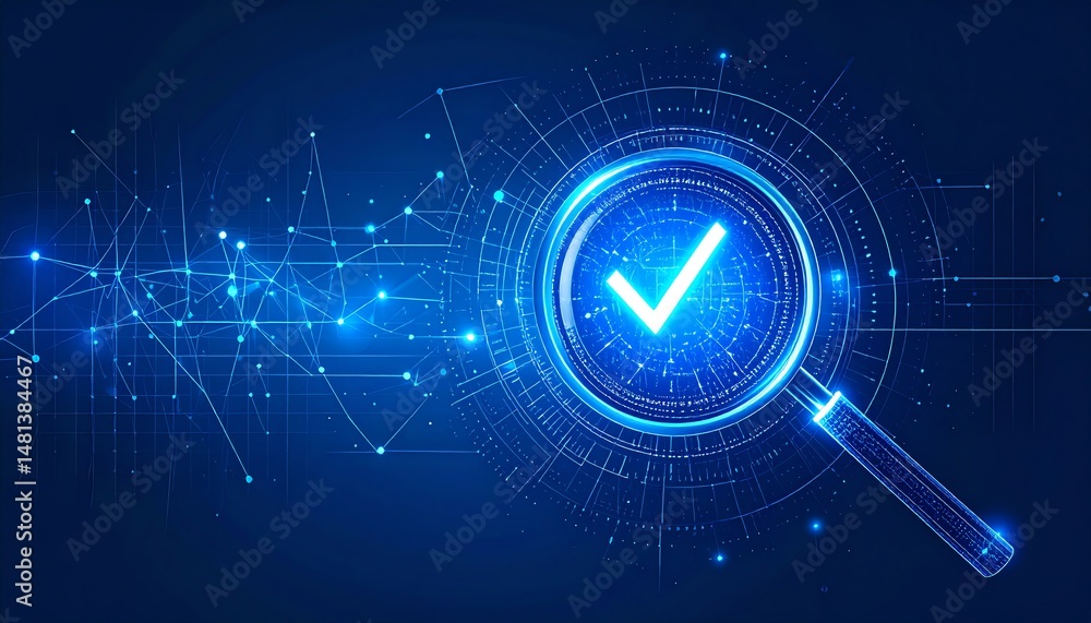 Poster a futuristic magnifying glass with a blue check mark, set against a dark background filled with digi