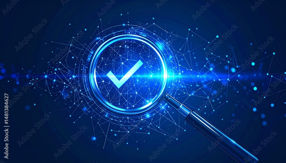 Poster a magnifying glass over a digital network with a check mark, symbolizing verification and analysis i