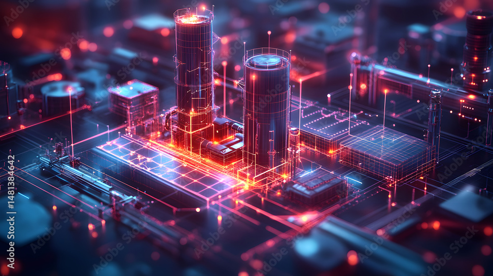 Poster Futuristic cityscape with interconnected glowing networks and cylindrical towers. Advanced technology and innovation showcased in a modern, abstract design. Abstract wireframe in dark blue.