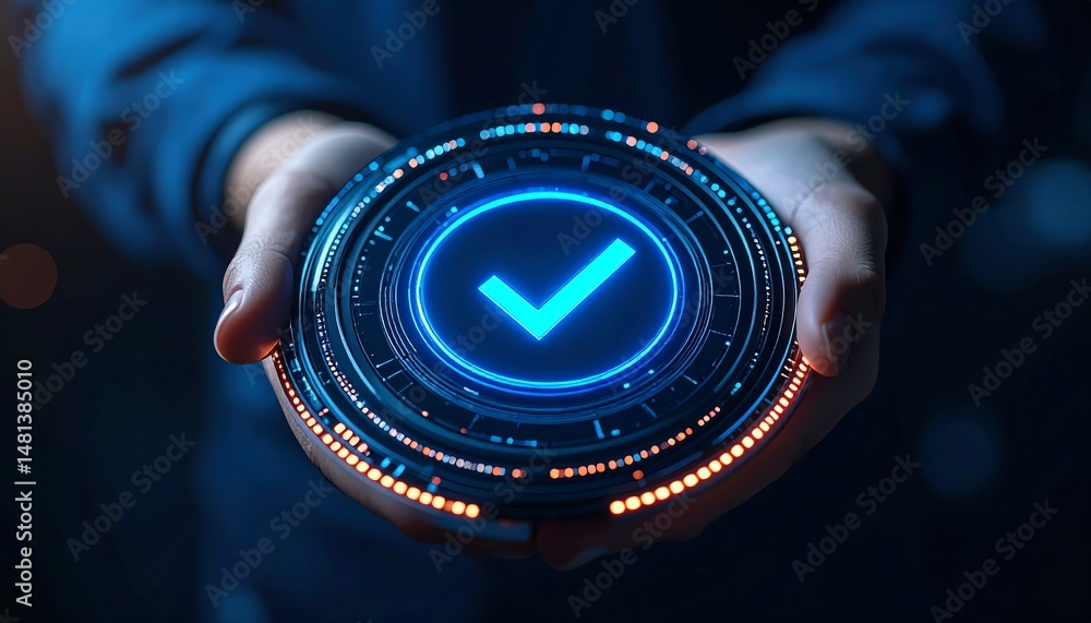 Poster a person holds a futuristic, glowing checkmark icon in a circular interface, symbolizing validation 