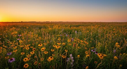 Fototapeta premium Golden sunrise bathes a sprawling field of wildflowers in radiant light and warmth