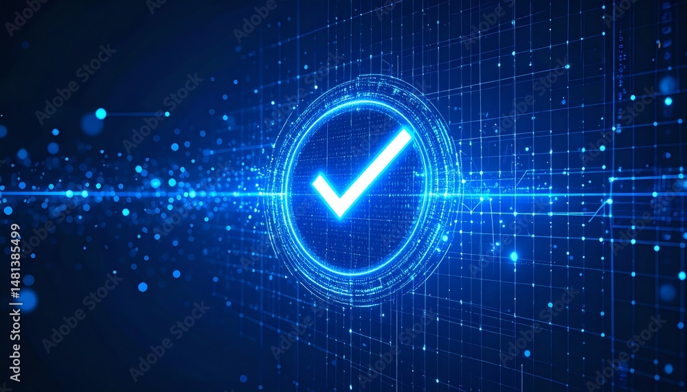 Poster a glowing blue checkmark in a digital interface, symbolizing verification and success in a tech-driv