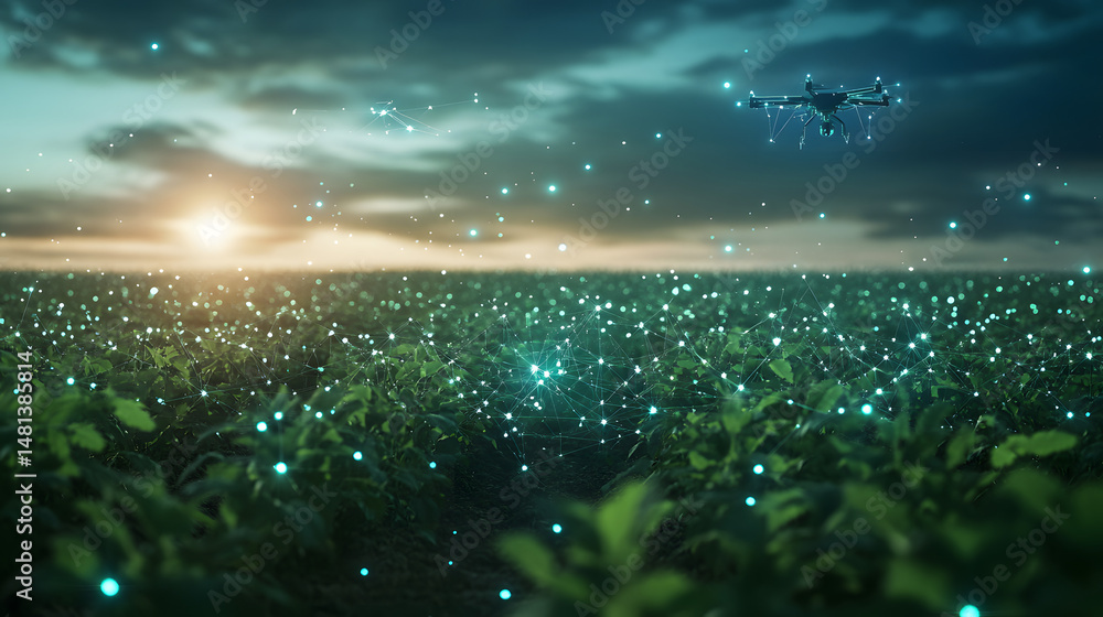 Poster Drone surveys fields, connecting plant data via a glowing network. Sunlight streams through clouds, illuminating the future of agriculture and smart farming. Abstract wireframe in dark blue.