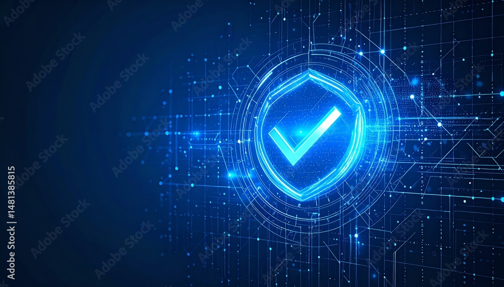 Poster a glowing blue shield with a checkmark symbolizes security and protection in a digital landscape fil