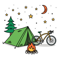 A cozy campsite scene a tent pitched near a bicycle, a crackling campfire casting warm light under a breathtaking starry night sky.